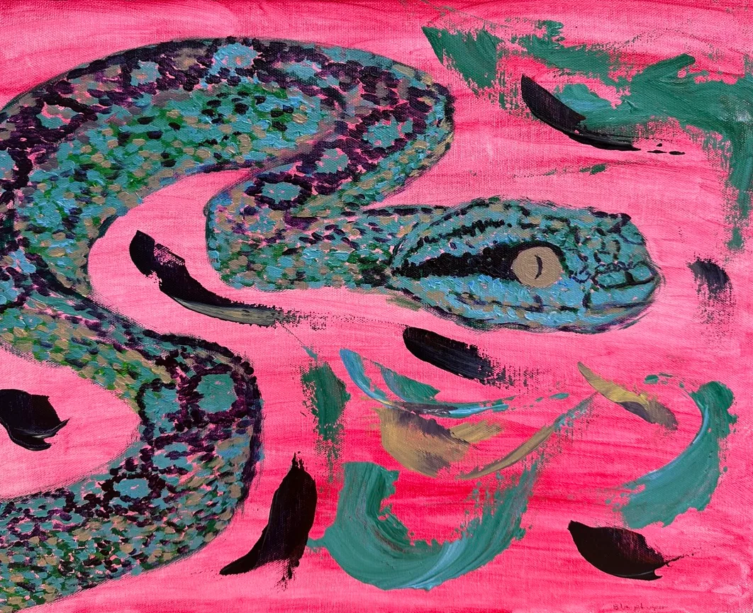 A turquoise snake with dark scale markings coils across a bright pink background scattered with green, gold and black brushstrokes.