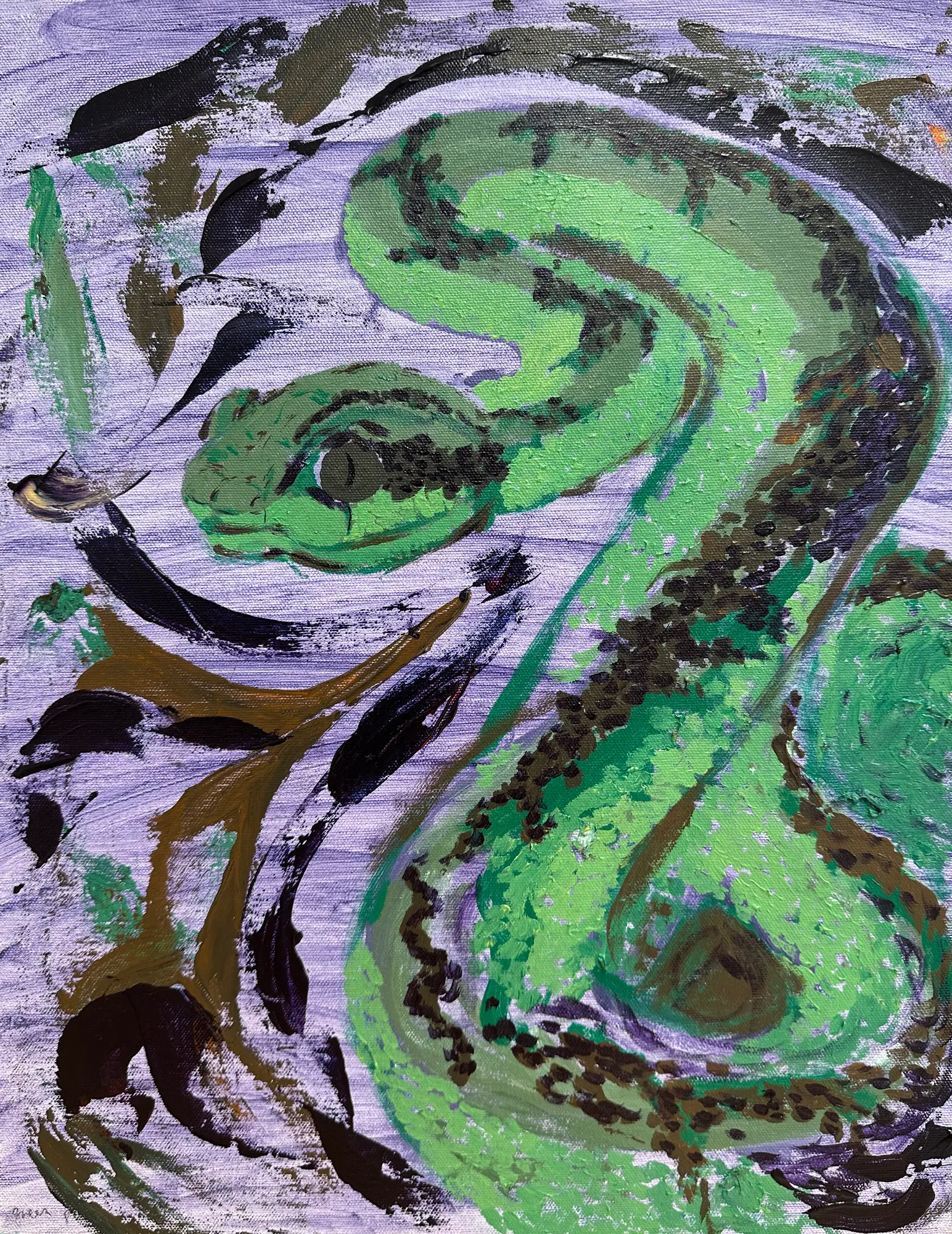 A green snake with dark brown speckles coils across a lavender background streaked with black, brown and green brushstrokes.