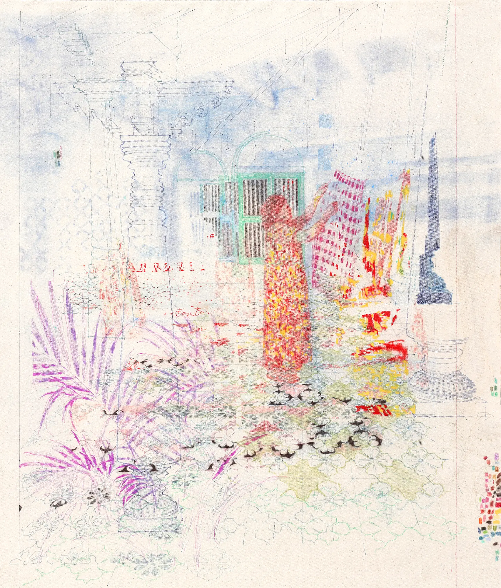 Drawing on raw canvas of a woman in a red and yellow dress hanging a checked cloth by a barred window, beside purple palms and patterned tiles.
