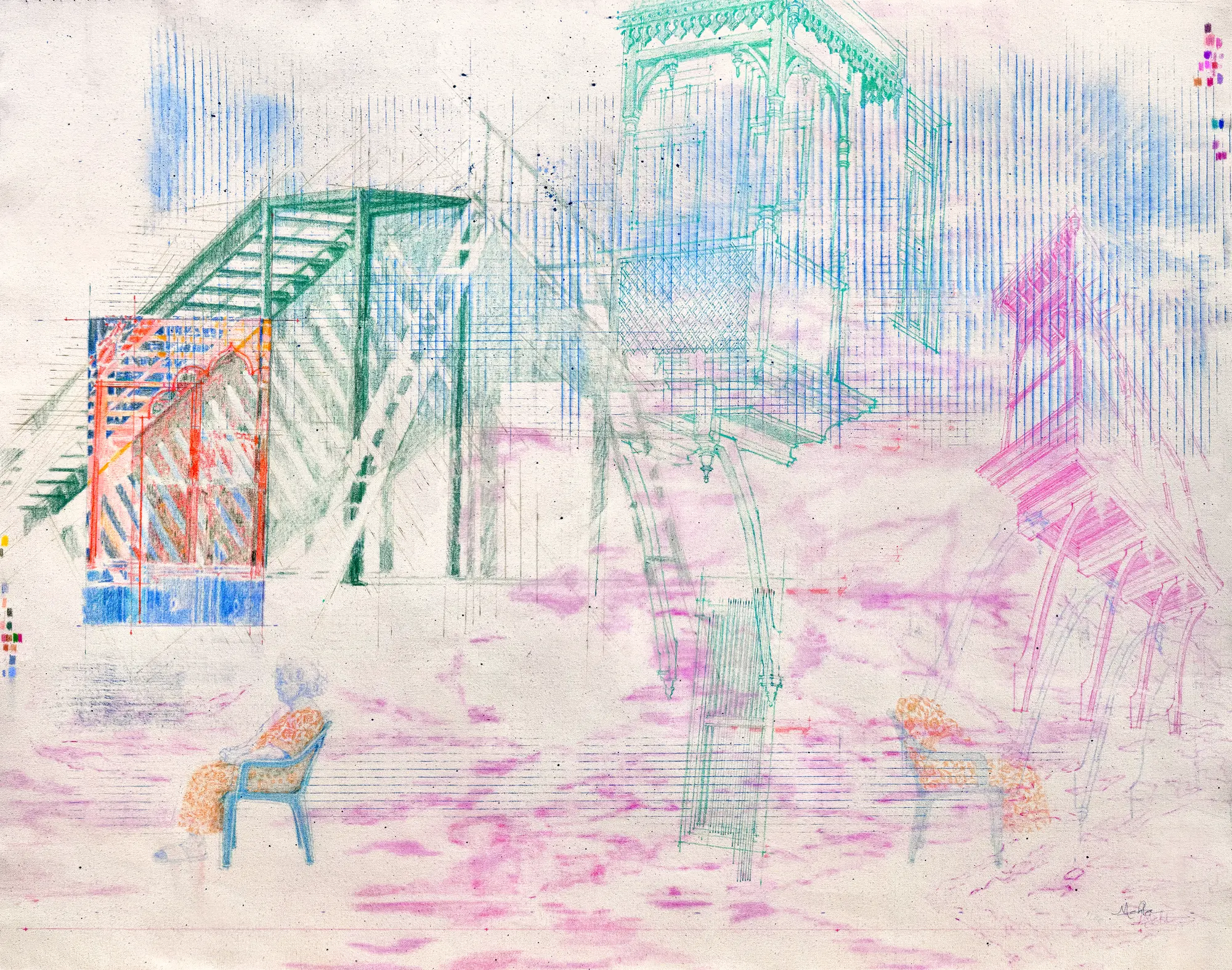 Colored pencil drawing on raw canvas: two women seated in chairs beneath green, teal and pink architectural structures, with pink and blue washes.