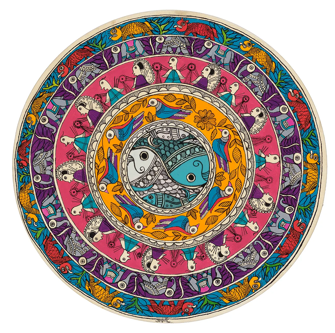 Circular painting of concentric bands: two fish at the center, then blue parrots on orange, figures on pink, elephants on purple and animals on blue.