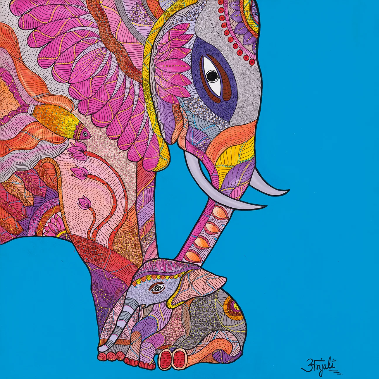 A large patterned elephant in pink, purple and orange lowers its trunk to a small baby elephant against a bright blue background.