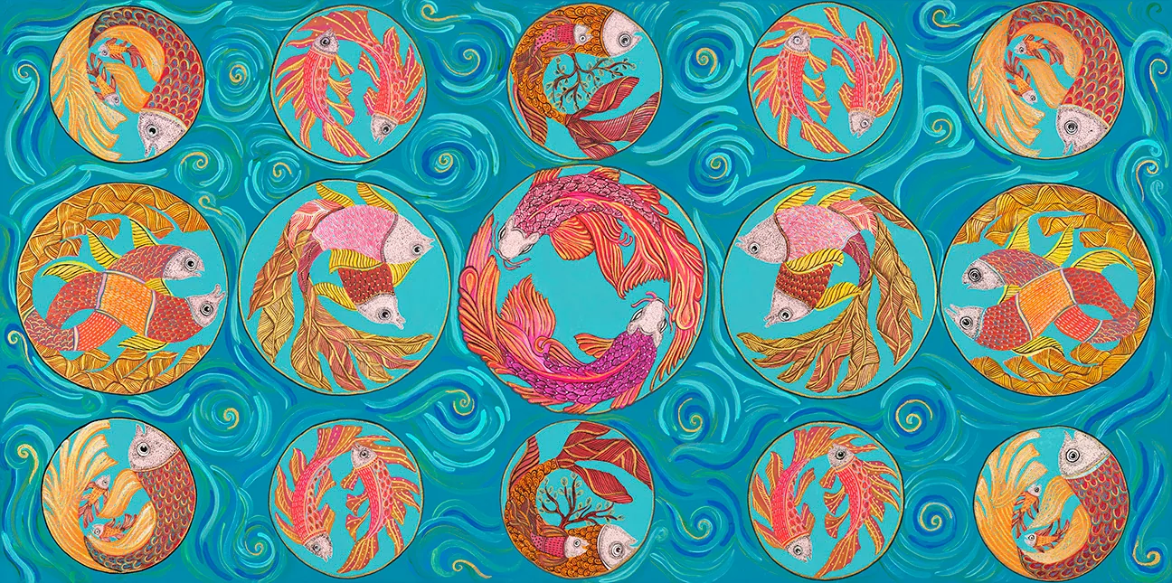 Fifteen circles of paired red, orange and pink fish arranged in three rows over a turquoise background of swirling blue and green waves.