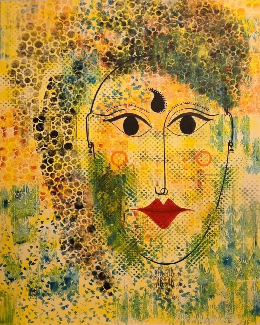 A stylized woman's face with dark almond eyes, a black paisley bindi, nose ring and red lips, set among yellow, green and blue stamped patterns.
