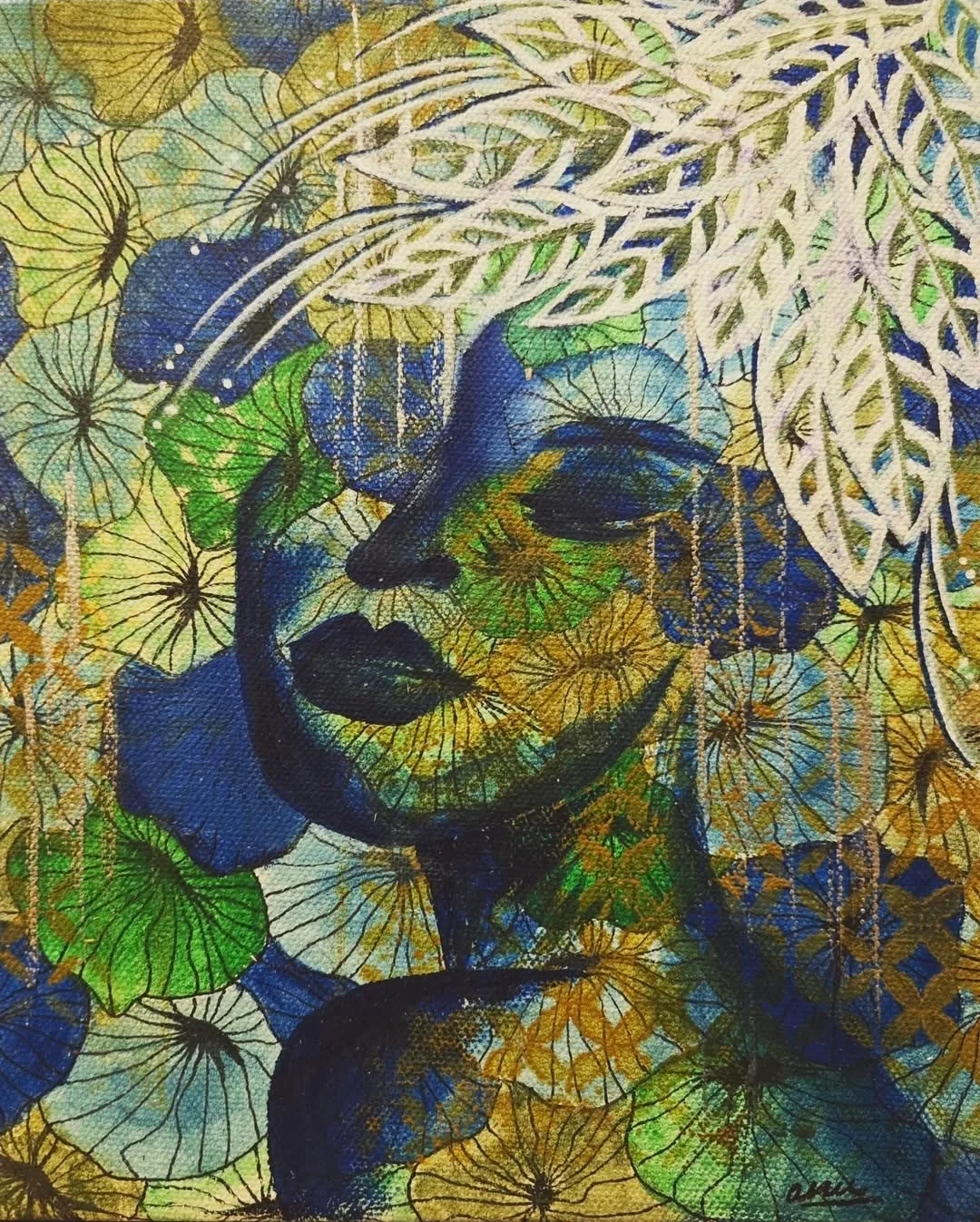 A woman's face with eyes closed, painted in deep blue and green, surrounded by overlapping flower shapes and white feathery leaves.