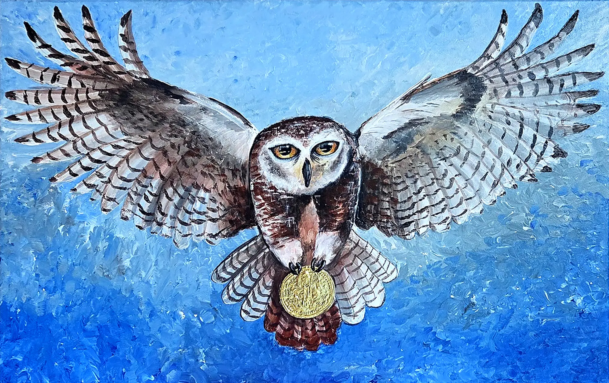 A brown and white owl with orange eyes flies straight ahead, wings spread wide, clutching a gold foil coin against a textured blue sky.