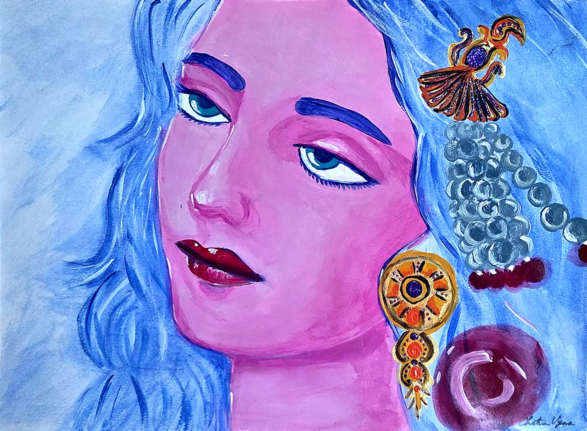 A pink-skinned woman with blue eyes and red lips, framed by flowing blue hair, wearing a gold bird hair ornament, pearl strands and a gold earring.
