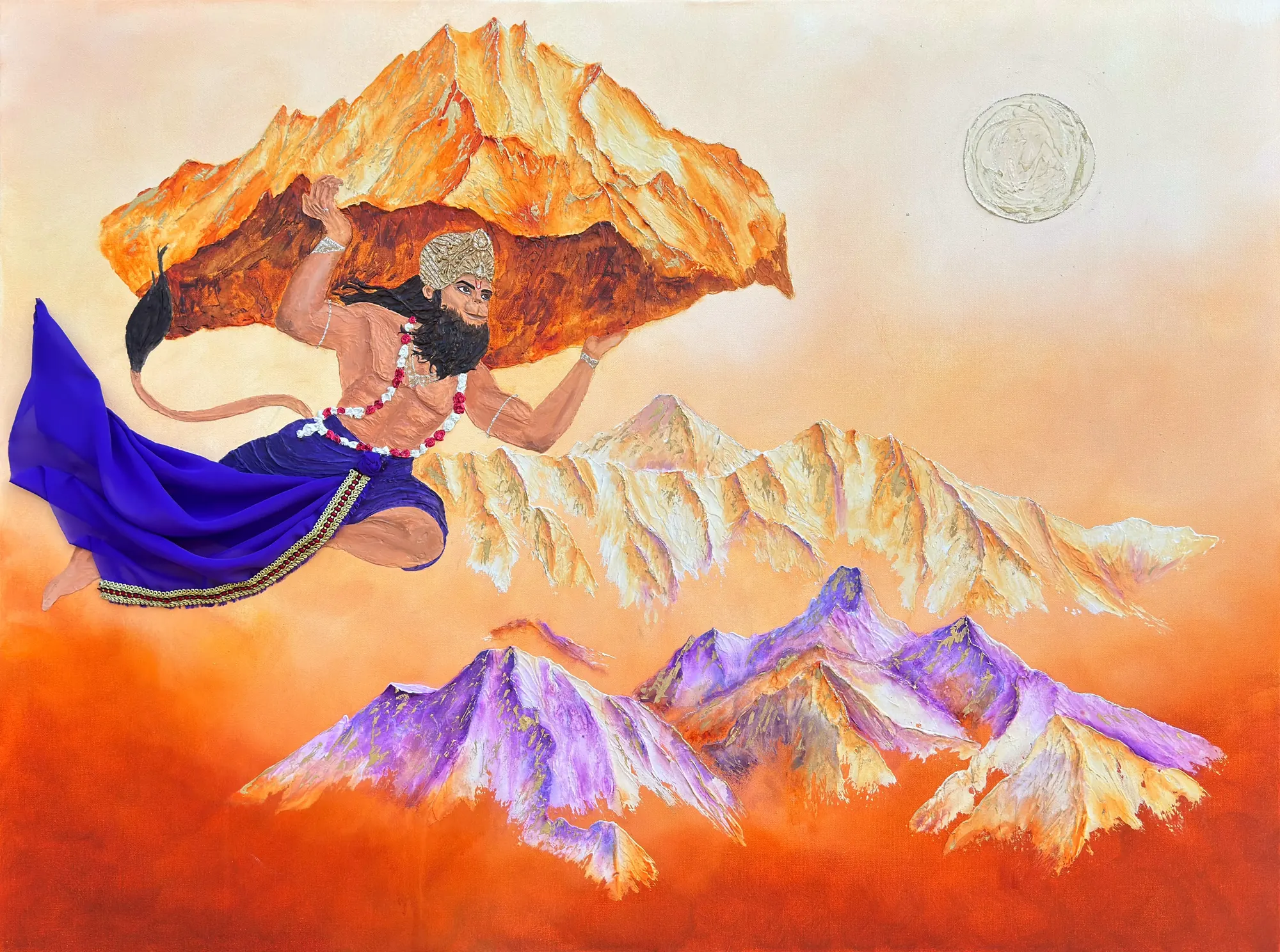 A bearded figure in a crown and flowing purple fabric leaps across an orange sky holding a golden mountain overhead, above white and violet peaks.