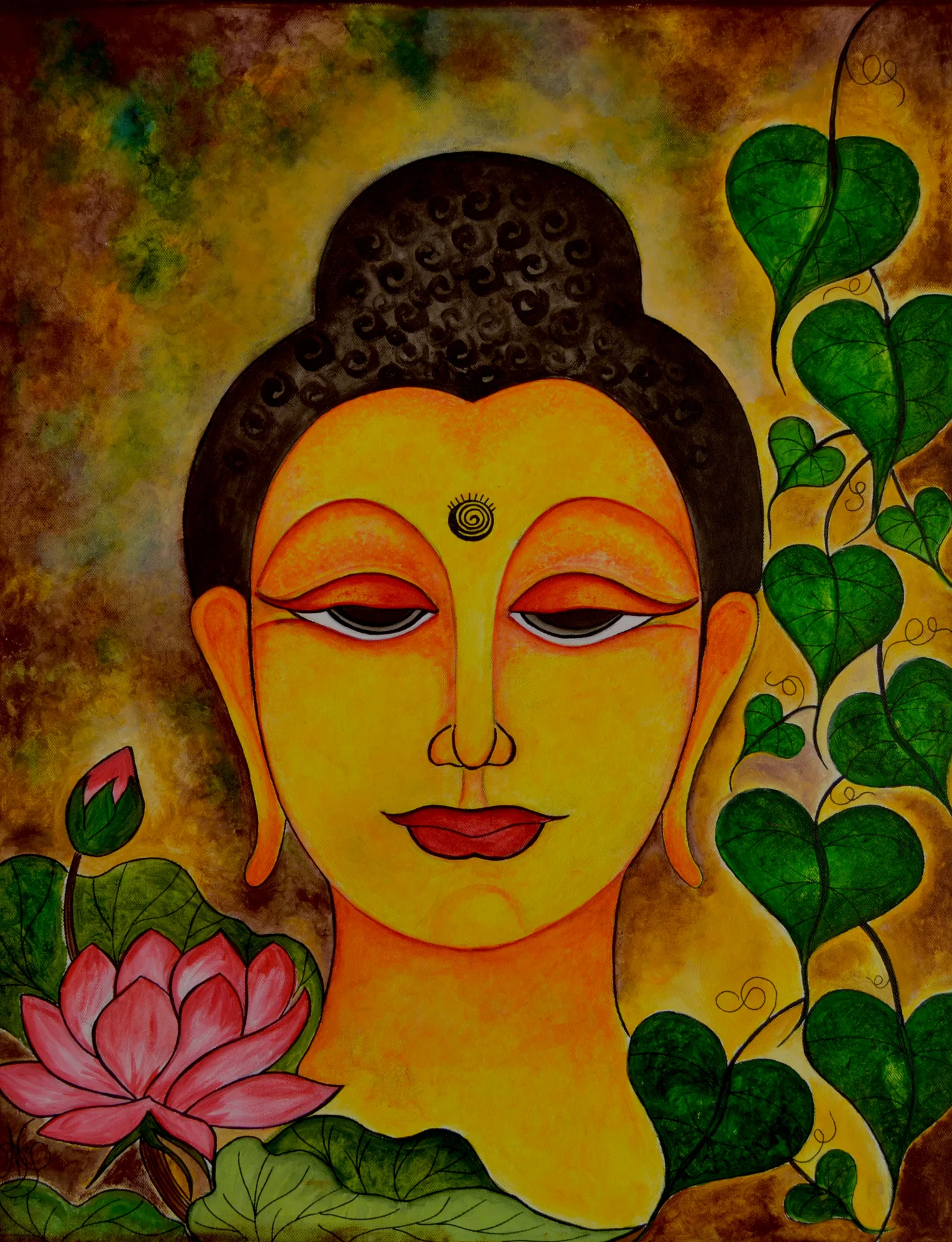 A serene golden face with downcast eyes, a spiral mark on the brow and dark curled hair, beside a pink lotus and heart-shaped green leaves on vines.