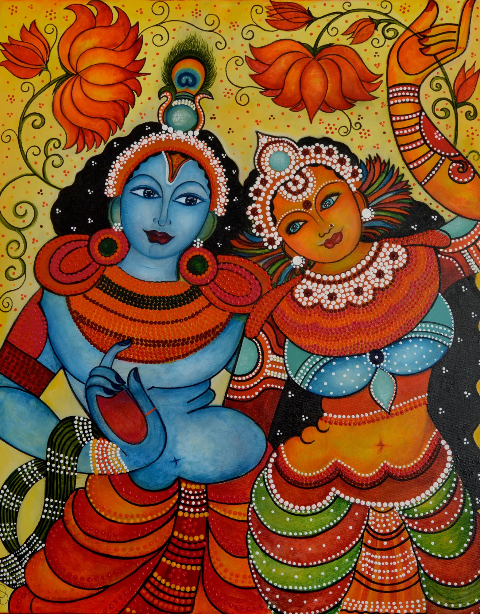 A blue-skinned figure in a peacock feather crown embraces an orange-skinned woman in beaded jewelry, among orange lotuses and curling vines on yellow.