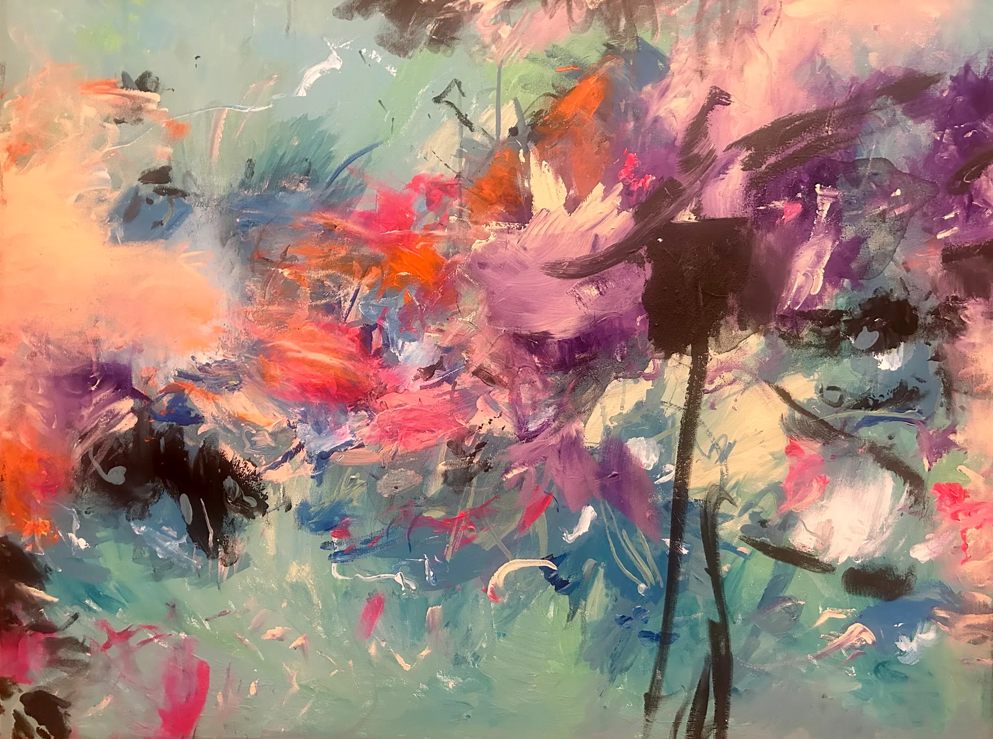 Loose abstract brushstrokes of purple, peach, coral, pink and black over a pale teal ground, with two thin black vertical strokes at right.