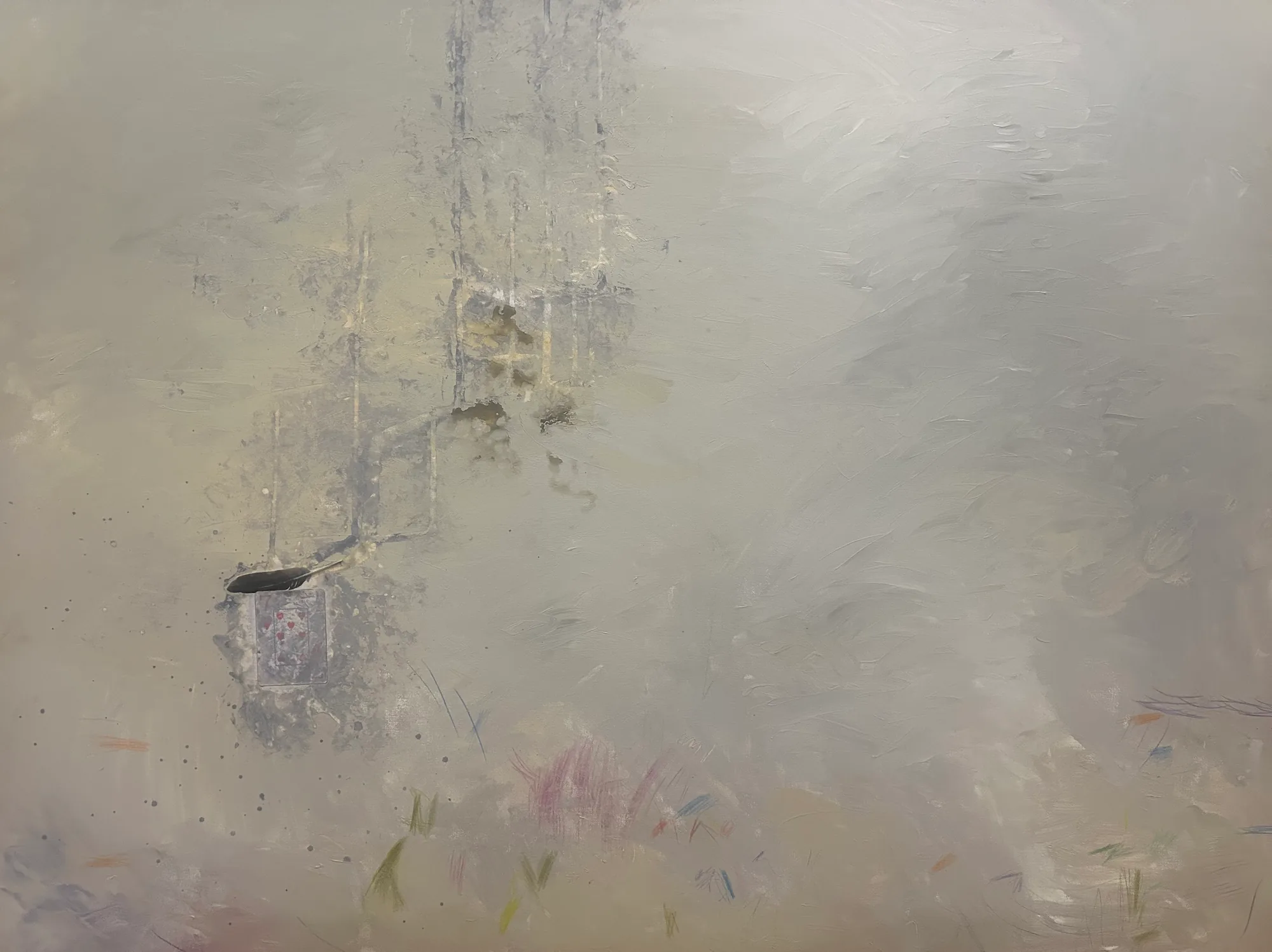 Hazy gray and cream abstract with faint vertical drips, a small black feather shape and a playing card at left, and scattered pastel marks below.