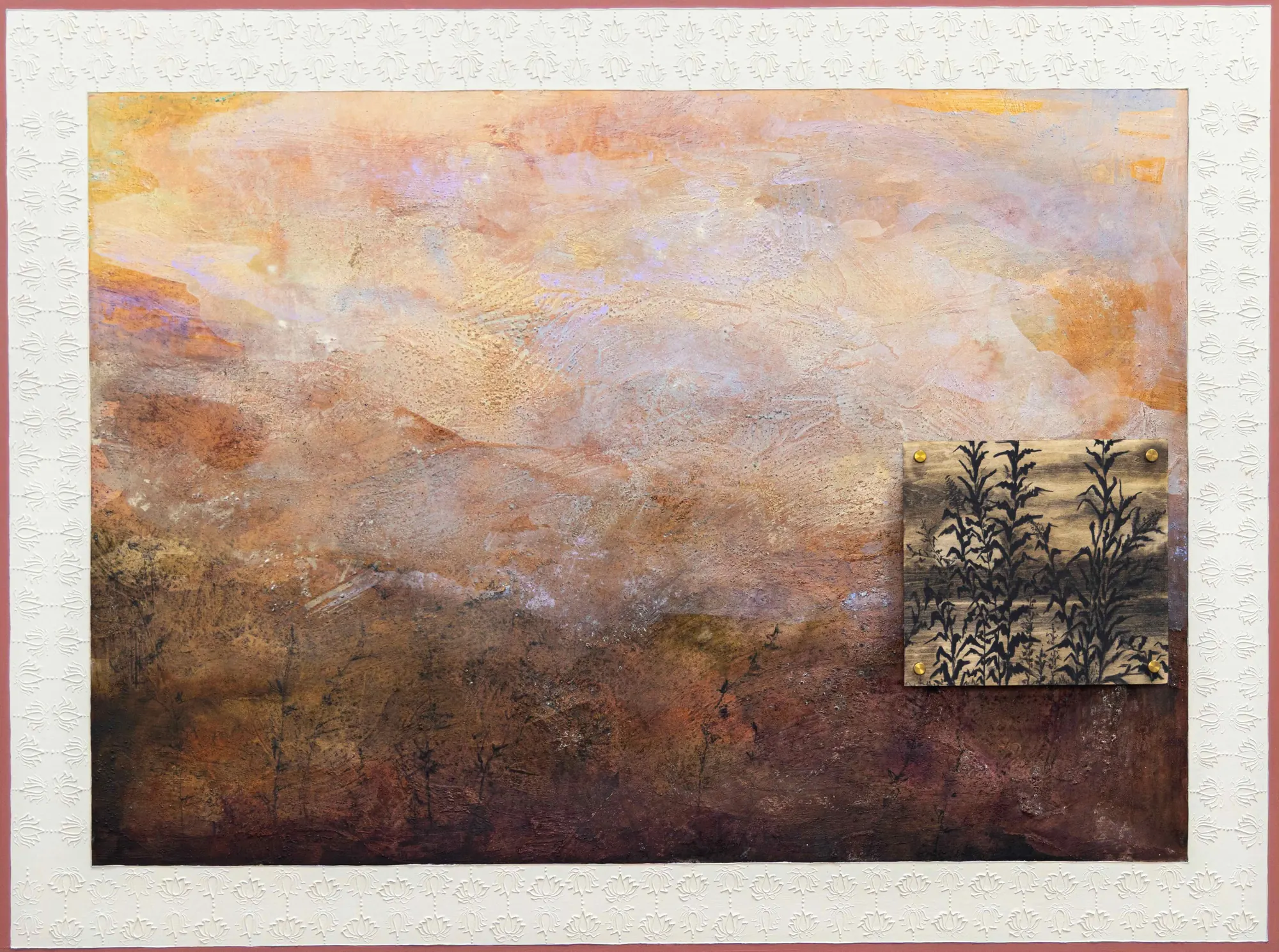 Hazy peach, lavender and orange sky over dark brown land, with a small inset panel of black plant silhouettes, inside an embossed white border.