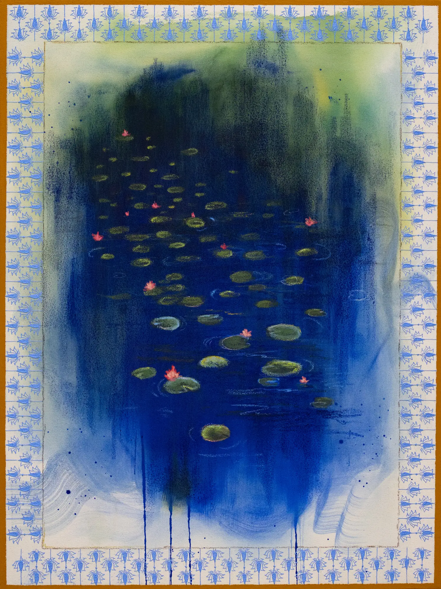 Deep blue water dotted with green lily pads and small pink lotus flowers, with drips of blue paint, framed by a border of blue lotus motifs.
