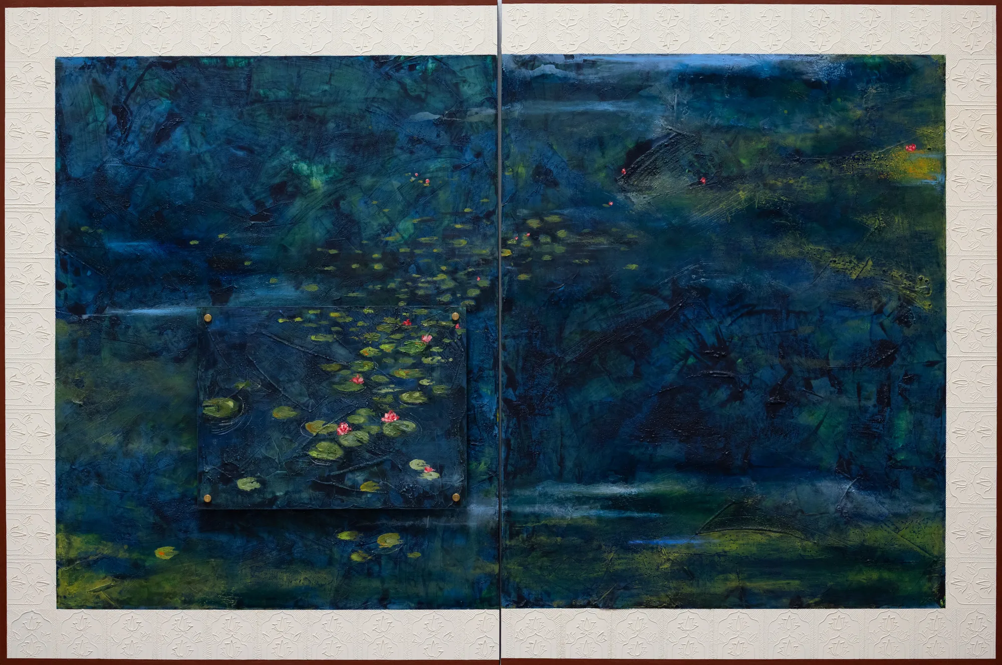 Two-panel dark blue and green pond scene with scattered lily pads and pink lotus blooms, a raised inset panel, and an embossed white border.
