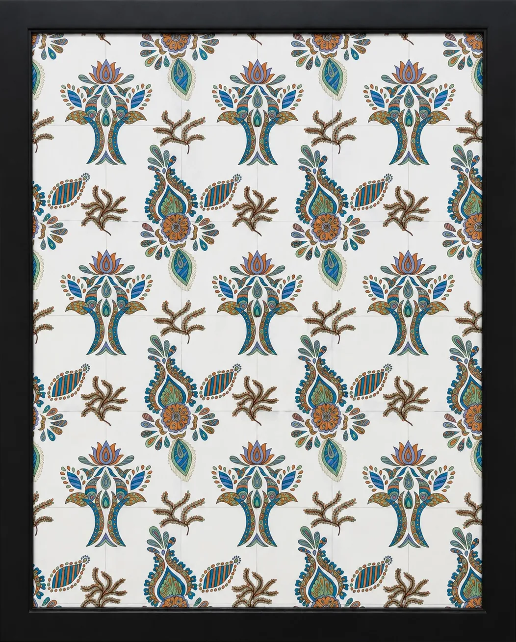 Repeating pattern of teal, orange and blue lotus trees, paisleys and brown sprigs on white paper, in a black frame.