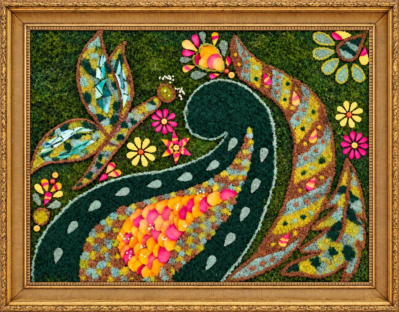 A dark green moss paisley swirl filled with orange and pink petals, beside striped leaf shapes and bright flowers, in an ornate gold frame.