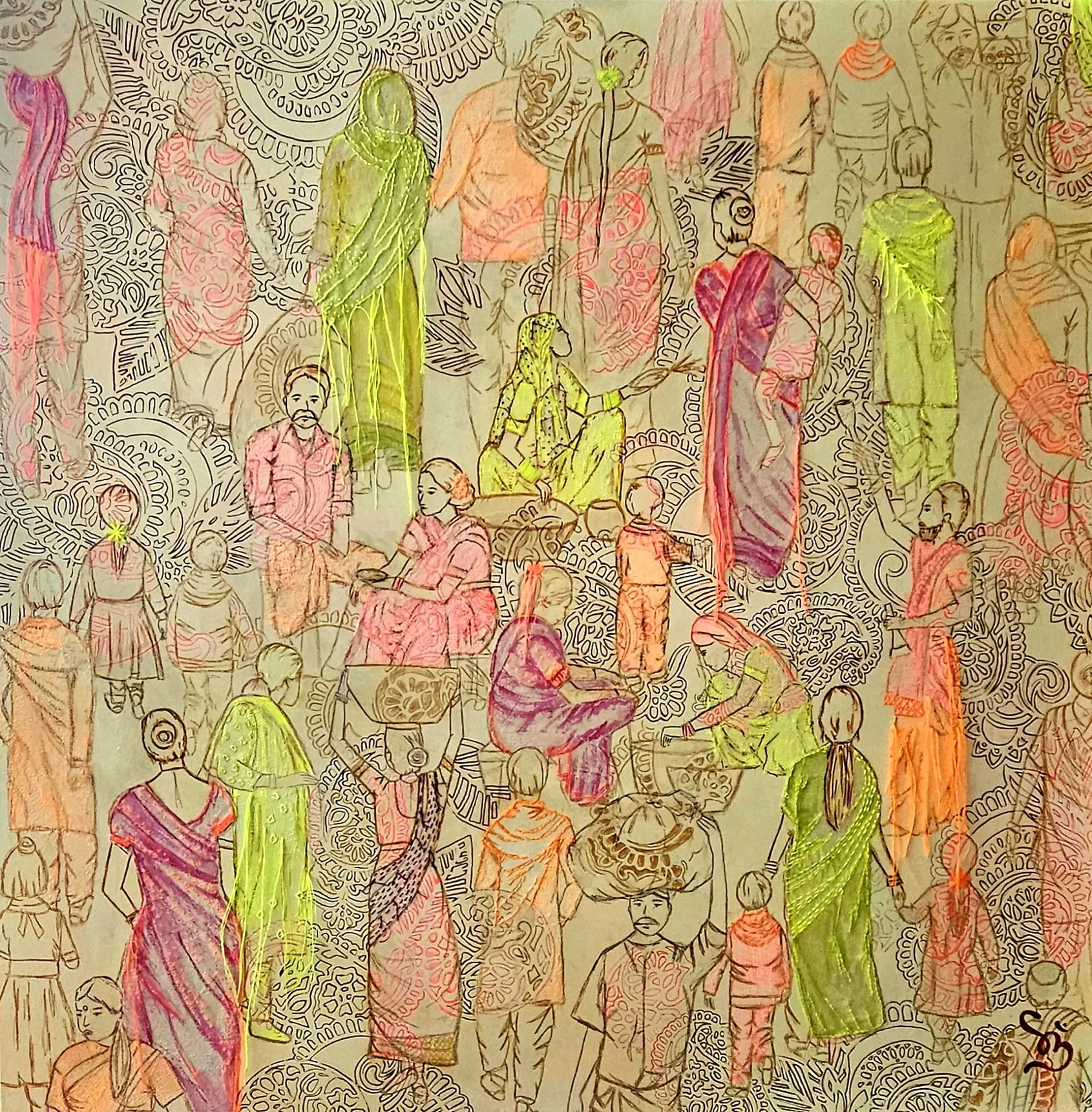 A crowd of people in saris and tunics drawn in brown line over mandala patterns, accented with neon pink, orange and green thread.