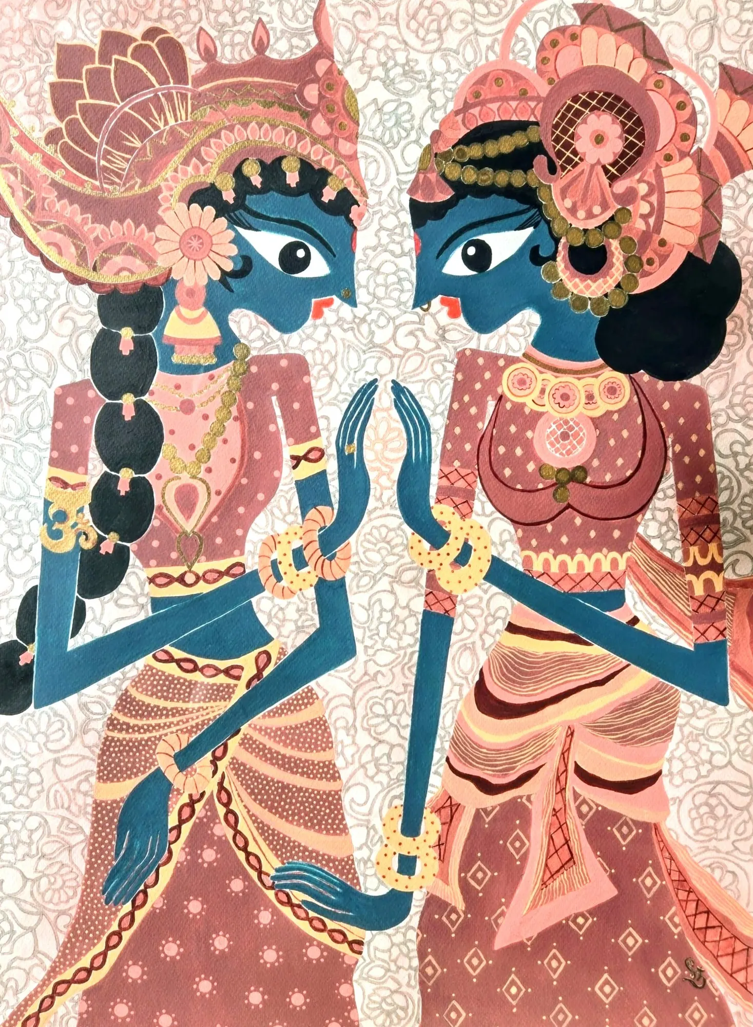 Two blue-skinned figures in profile face each other with raised palms, in ornate pink and maroon garments and headdresses, on gray lacework.