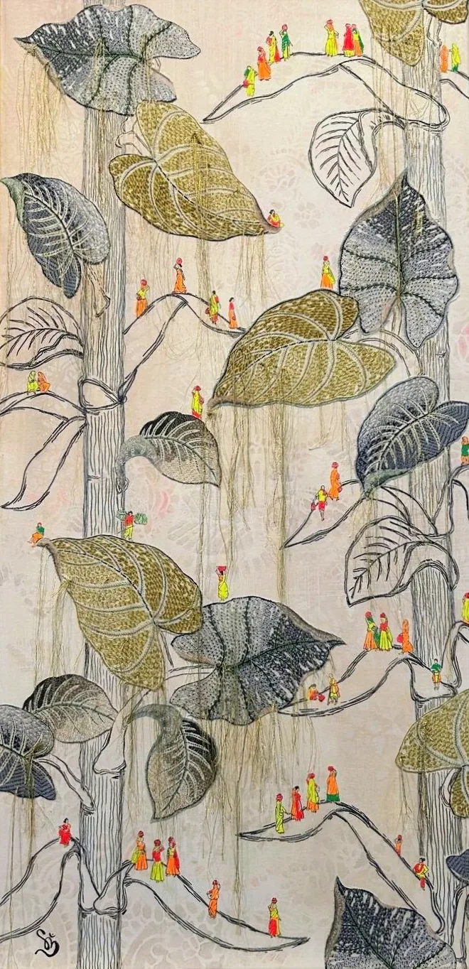 Tall vines with large gray and olive stitched fabric leaves and hanging threads, dotted with tiny figures in orange, green and yellow.